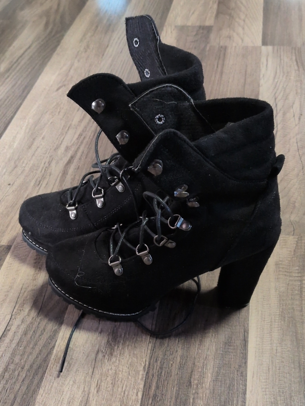 Black Suede Lace-Up Chunky Heel Ankle Boots